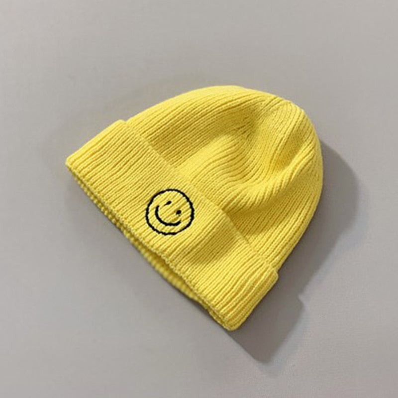 Baby Hat Solid Color Boy Girl Cartoon Smile Embroidery Winter Kids Knitted Hats Children  Warm Beanies Child Caps For Babies