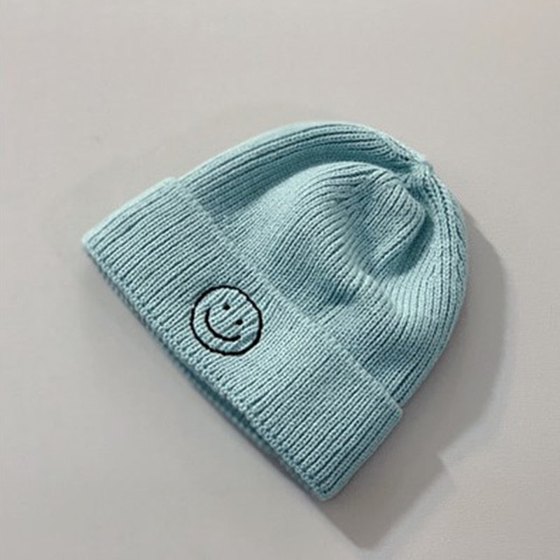 Baby Hat Solid Color Boy Girl Cartoon Smile Embroidery Winter Kids Knitted Hats Children  Warm Beanies Child Caps For Babies